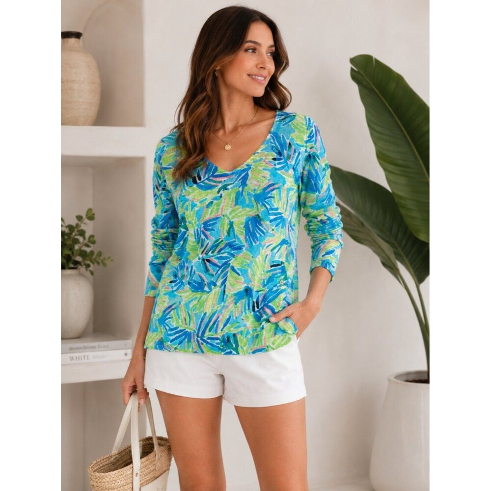 Lilly Pulitzer Liesel Linen Sweater Serenity V Neck Coastal Preppy Green Blue XS